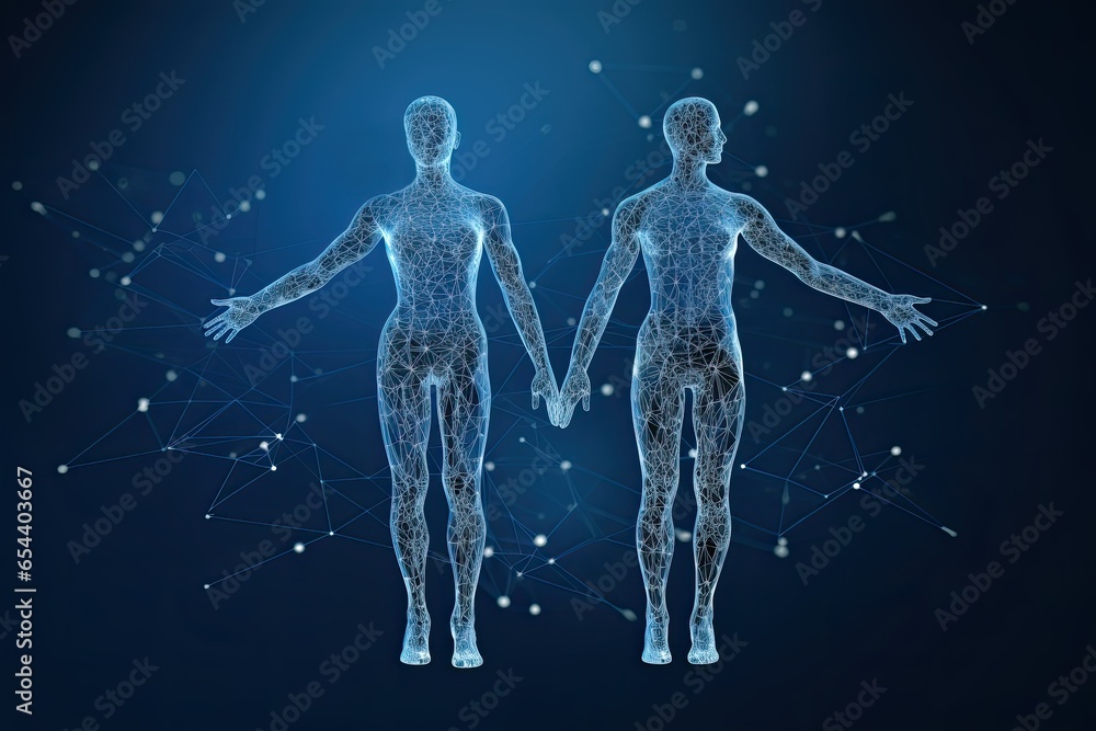 Human body in front and profile with a low polygon frame isolated on a dark blue background. Biological science concept. vector illustration in flat modern design style. Healthcare and medicine.