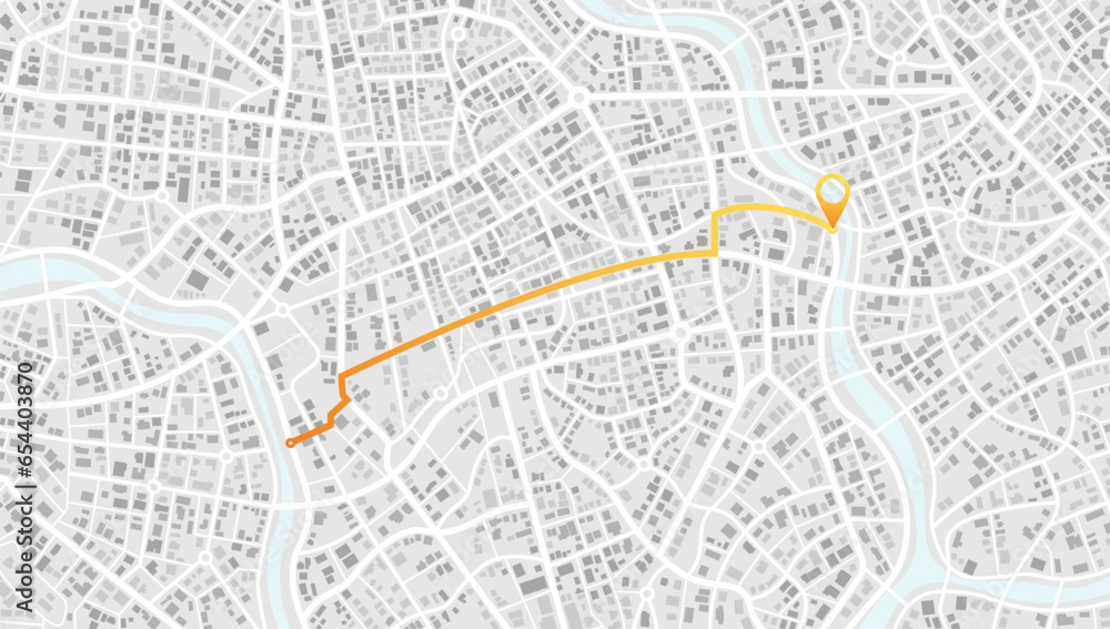 Navigate mapping technology for distance data, path turns. City area 