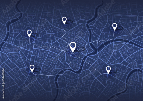 Abstract Map city. Multiple destinations with location system. Direction markers for navigation to town. Location system. Urban map for travel. Route distance data, path turns. destination tag, Vector