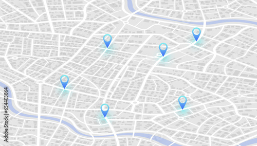 Abstract Map city. Multiple destinations with location system. Direction markers for navigation to town. Location system. Urban map for travel. Route distance data, path turns. destination tag, Vector