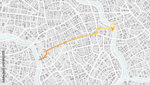 Navigate mapping technology for distance data, path turns. City area, background map, streets. Skyline urban panorama. Cartography illustration. Digital flat design street map. Vector. View from above