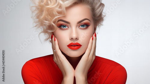 Beautiful girl showing red manicure nails and red lips. Woman Makeup, beauty and cosmetics concept. Copy space