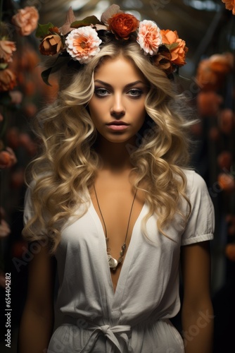 Young Woman Wearing Large Flower Crown.