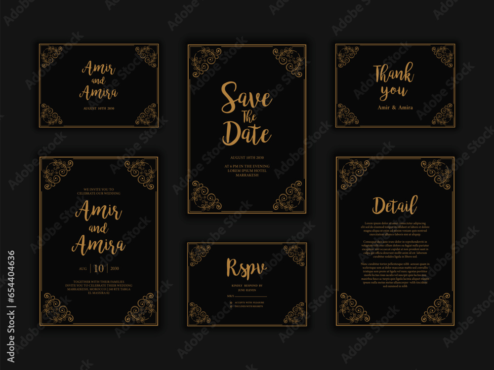 Modern Wedding Invitation Card Template with Golden Frames Modern Wedding Invitation Card Template with Golden Frames