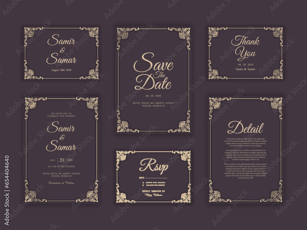 Modern Wedding Invitation Card Template with Golden Frames Modern Wedding Invitation Card Template with Golden Frames