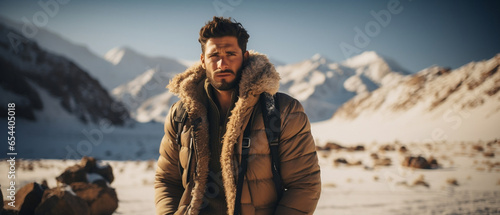 arab male model on the top of the mountain in winter