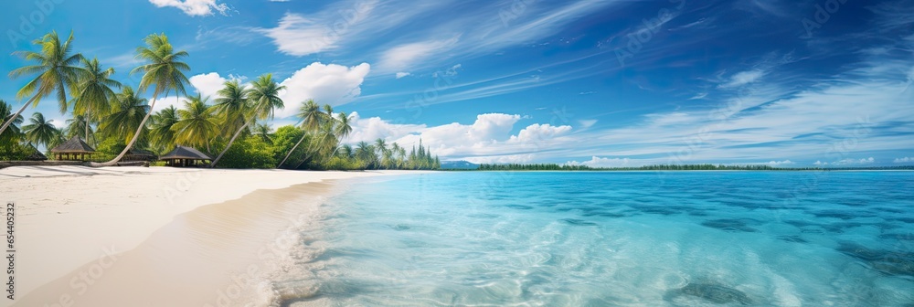 Sandy tropical beach with island on background,, Generative AI