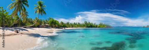 Sandy tropical beach with island on background,, Generative AI