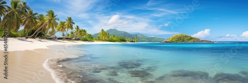 Sandy tropical beach with island on background,, Generative AI © kanesuan