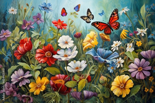 Blooming flowers and butterflies in the summer garden © PinkiePie