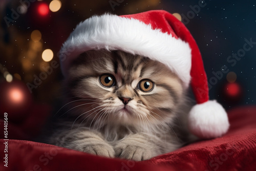 cute happy and adorable kitten Persian with santa hat, generative ai