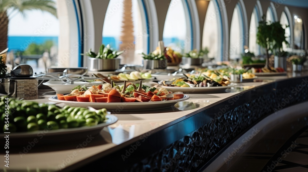 Salad bar with fresh vegetables in hotel buffet, Buffet table.
