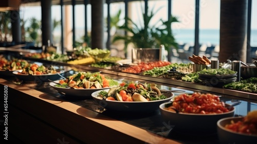 Salad bar with fresh vegetables in hotel buffet  Buffet table.