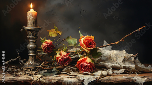 Romantic still life with lit candle and dried flowers. AI generated