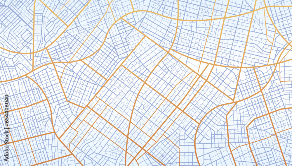 Blue city area, background map, streets. Skyline urban panorama, major roads. Cartography illustration. Widescreen proportion, flat design streetmap. Vector City top view. View from above the map
