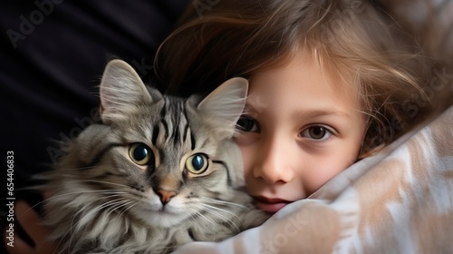 Portrait of young boy holding cute siberian cat with green eyes. male hugging her cute long hair kitty. Background, copy space, close up. Adorable domestic pet concept , Generative AI