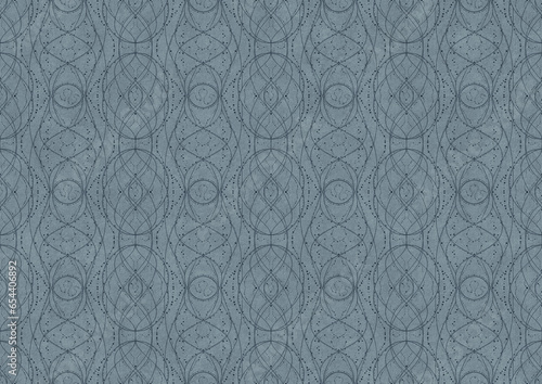 Hand-drawn unique abstract symmetrical seamless ornament. Dark blue on a light blue background. Paper texture. Digital artwork, A4. (pattern: p10-2c)