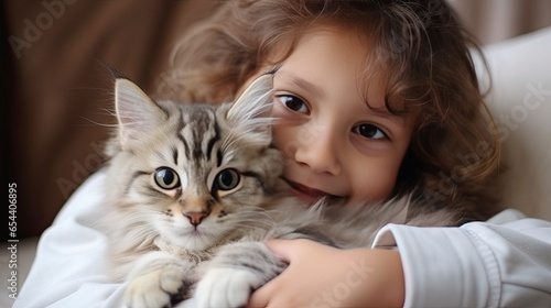 Portrait of young boy holding cute siberian cat with green eyes. male hugging her cute long hair kitty. Background, copy space, close up. Adorable domestic pet concept , Generative AI