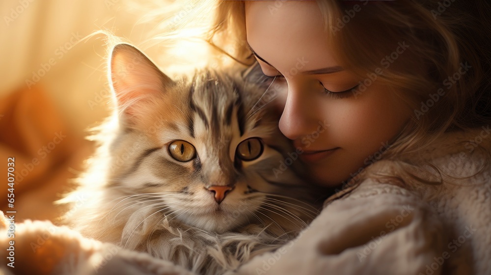 Portrait of young boy holding cute siberian cat with green eyes. male hugging her cute long hair kitty. Background, copy space, close up. Adorable domestic pet concept , Generative AI Portrait of young boy holding cute siberian cat with green eyes. male hugging her cute long hair kitty. Background, copy space, close up. Adorable domestic pet concept , Generative AI