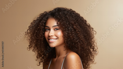 Beauty portrait of young african american woman, Copy space isolated on light beige background, beauty salon concept