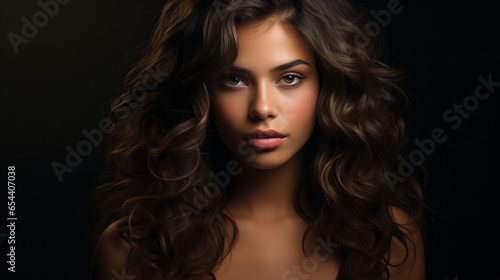 Portrait of young woman with long wavy hair standing by side looking at the camera isolated on black background, advertising banner sale concept, copy space