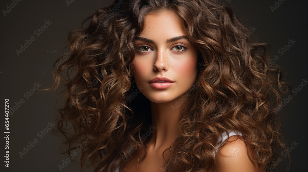 young woman with long wavy hair standing by side looking at the camera isolated on black background, advertising banner sale concept, copy space young woman with long wavy hair standing by side looking at the camera isolated on black background, advertising banner sale concept, copy space