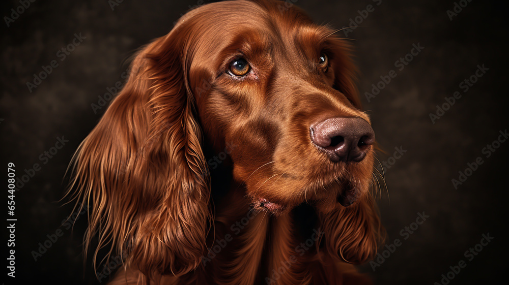 Realistic portrait of irish setter dog. AI generated