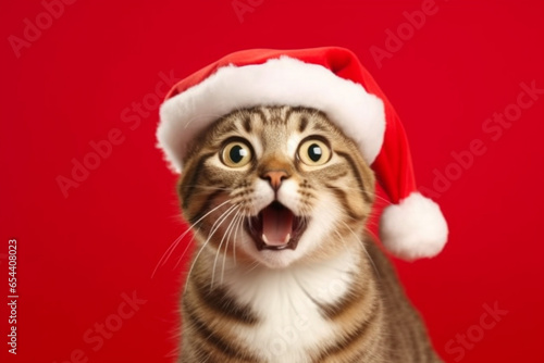 Shocked tabby cat wearing red Santa Claus coat with white, generative ai © PetPawPix