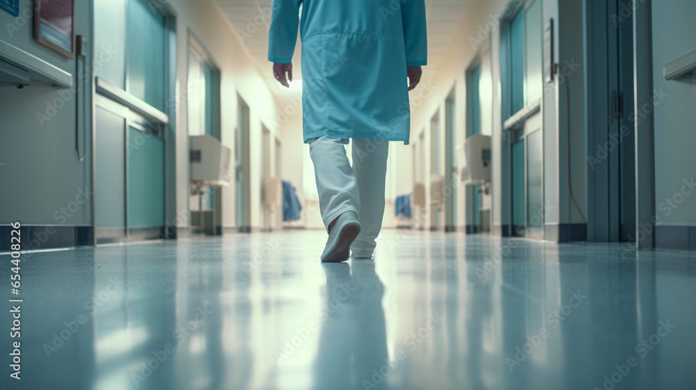 the doctor walks along the hospital corridor. ai generative - obrazy, fototapety, plakaty 