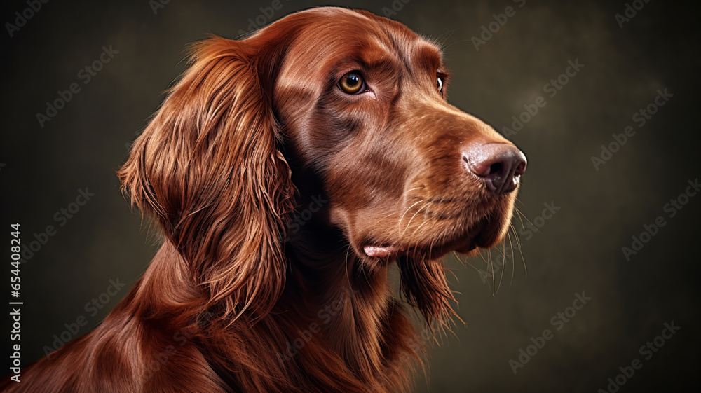 Realistic portrait of irish setter dog. AI generated