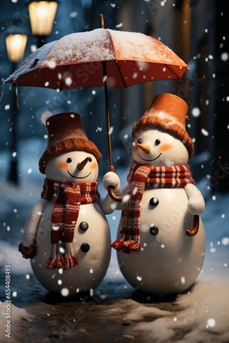 Snowmen holding an umbrella in the snow  The Christmas card.