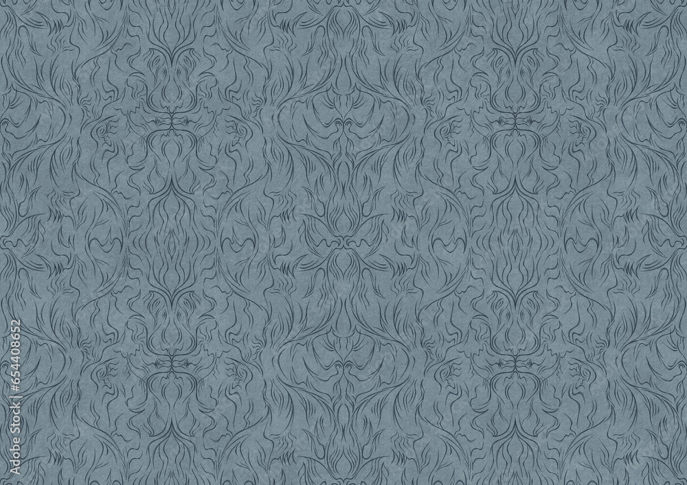 Hand-drawn unique abstract symmetrical seamless ornament. Dark blue on a light blue background. Paper texture. Digital artwork, A4. (pattern: p11-1b) Hand-drawn unique abstract symmetrical seamless ornament. Dark blue on a light blue background. Paper texture. Digital artwork, A4. (pattern: p11-1b)