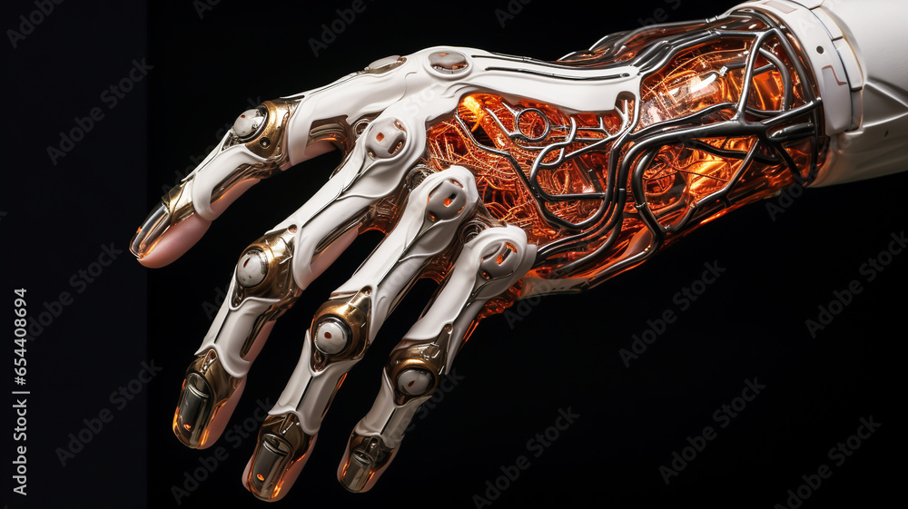 Metal robotic hand isolated on dark background. Technology concept. AI generated Stock