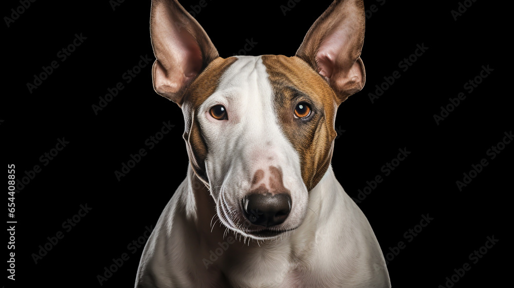 Realistic portrait of Bull Terrier dog. AI generated