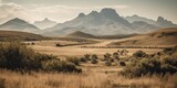 AI Generated. AI Generative. Wild outdoor nature South Africa landscape background with mountains and field. Adventure travel vibe inspiration