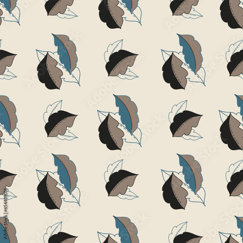 A Vector Repeat Seamless Pattern Design Created with Autumn Leaves of Brown, Tan, Blue and Line Art Falling in a Geometric Pattern.