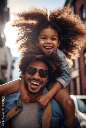 afro american man wearing jean shirt and sunglasses plays with his daughter with long hair and laughs