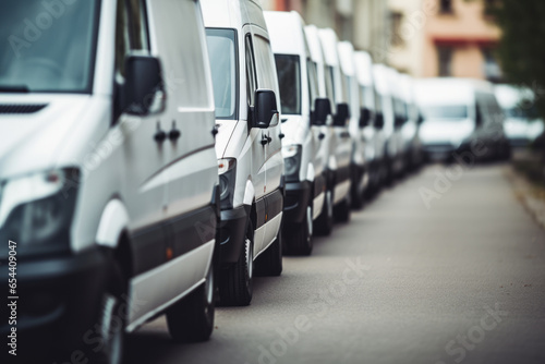 Row of white delivery vans. Commercial freight transportation. © Lazy_Bear