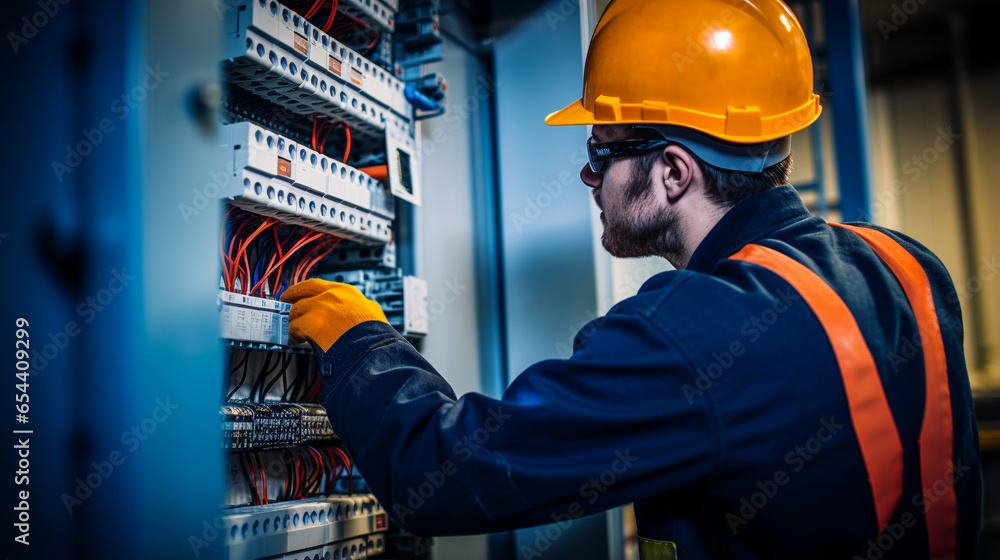 young male electrician working on an electrical panel. AI generative young male electrician working on an electrical panel. AI generative