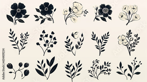 Botanical Illustrations in Monochrome, collection of botanical illustrations in monochrome, displaying the delicate details of various flowers and plants