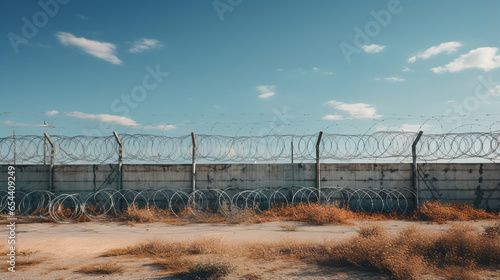 Fotografia fence with barbed wire on the border between two countries