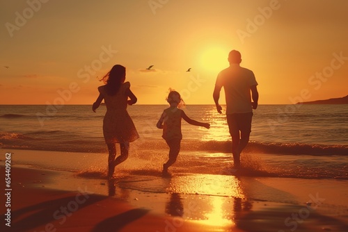 Back light of father playing on the seashore with his daughters