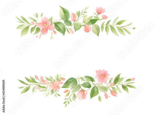 Watercolor banner of pink flowers and leaves on transparent background