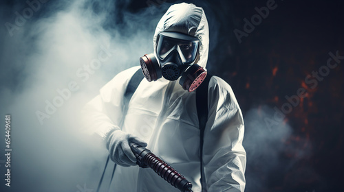 A guy from the pest control service in a mask and a white protective suit sprays poisonous gas. ai generative