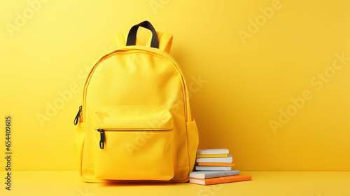 yellow school bag with supplies , school backpack on yellow