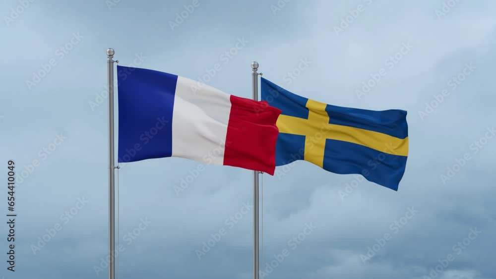 Sweden and France flag waving together on cloudy sky, endless seamless loop, two country cooperation concept Sweden and France flag waving together on cloudy sky, endless seamless loop, two country cooperation concept