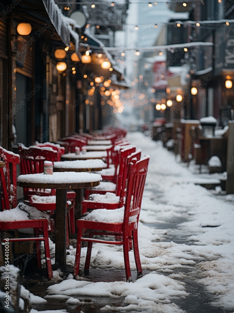 Red Chairs and Tables Covered in Snow on the Sidewalk
