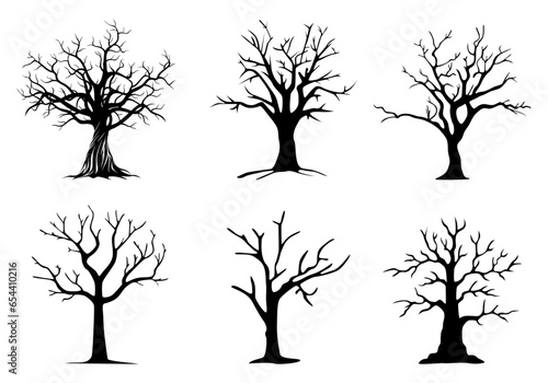 Silhouette of a dead tree vector illustration. Illustration of trees and branches without leaves. Set of spooky Halloween tree cartoon. Vector Illustration.