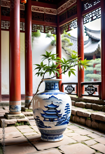 Fototapeta a vintage chinese porcelain vase in a temple, generative ai