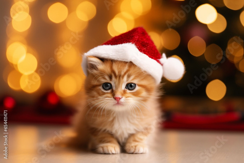 cute little kitten in santa hat on christmas background., generative ai